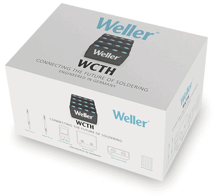 The packaging is rectangular and gray with blue lettering. The top reads "Weller WCTH", followed by the slogan "Connecting the Future of Soldering." On the side are symbols and technical information.