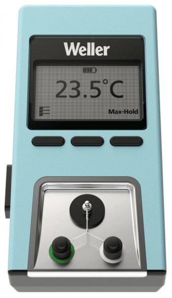 The image shows a temperature measuring device in a light blue casing. It has a large display showing the temperature at 23.5 °C, below which there are two buttons and a small probe.