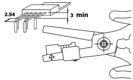 The image displays a technical drawing. At the top, several pins of a component are shown, divided by measurements. Below, a pair of pliers with a mechanism for connection is visible.