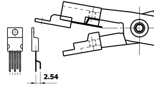 The image displays technical drawings of a connector. On the left is a front view with five pins, on the right a side view of the connection. The dimensions are scaled, with a marking of 2.54 mm.