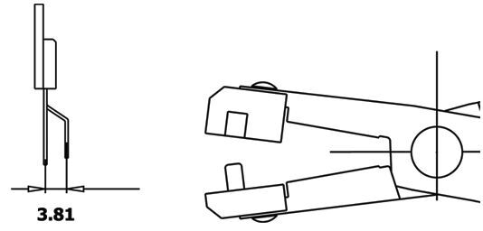 The image displays technical drawings of a mechanical part. On the left is a side view, and on the right is a top view with dimensions and two movable parts that interact.