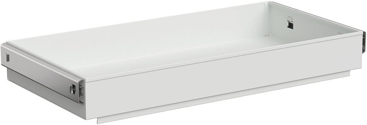 The image displays a flat, rectangular drawer in a clean, white design. It has a smooth bottom and low sides. The drawer appears to be made of metal or durable plastic.