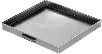 It is a square, flat metal tray. It has straight edges, slightly raised borders, and a smooth surface. On one side, there is a small handle.