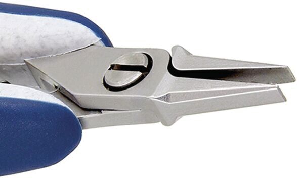 The image shows a pair of pliers with narrow, pointed metal jaws. The handle is ergonomically designed, in blue and gray. The pliers are open and ready for use.