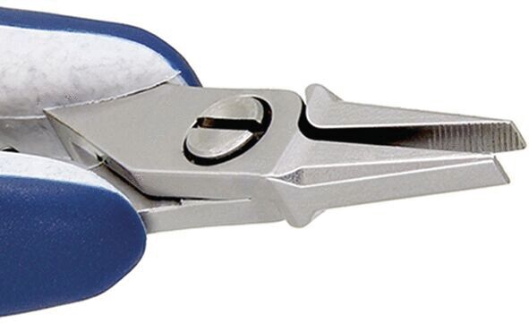 The image shows a pair of pliers with two narrow, pointed blades. The handle is blue with a gray texture. In the center of the blades, there is a screw for adjustment.