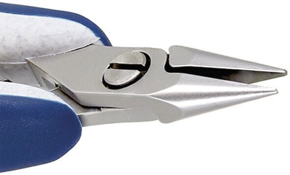 The image shows a narrow, metal pair of pliers with two pointed jaws. The handle is blue and has a rubberized surface. The pliers appear precise and sturdy.