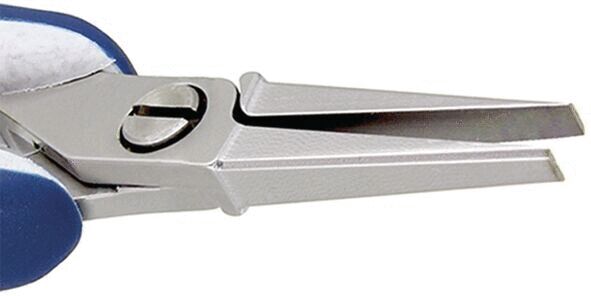 The image shows a pair of pliers with a narrow, pointed head. The handle is blue, the pliers are made of shiny metal and have a central screw for attaching the blades.