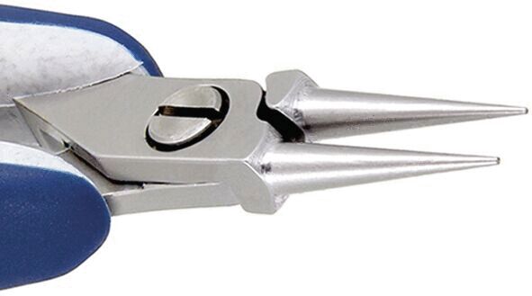 The image shows a pair of pliers with two pointed, narrow jaws made of metallic material. The handle is blue and the pliers have a screw in the middle for tension adjustment.