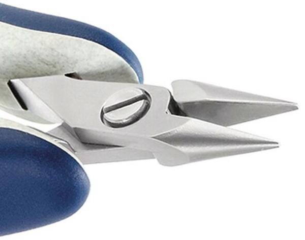 The image shows a pair of pliers with two pointed metal blades. The handle is blue and has a rubberized surface. The blades are sharp and slightly open.