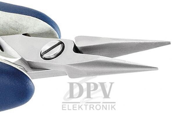 The image shows a close-up of a pair of pliers with two long, pointed metal blades. The handle is blue and the pliers have a screw in the middle for attachment.