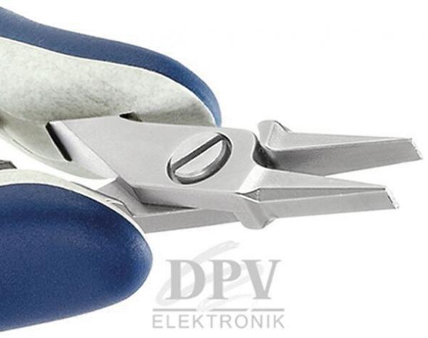 The image shows a small pair of pliers with a shiny metal head and blue handles. The pliers have pointed, sharp edges and a screw in the middle that allows them to open and close.