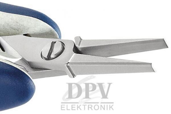 The image shows a pair of pliers with pointed, narrow jaws, whose needle tips are well suited for precise work. Handle in blue, metallic head.