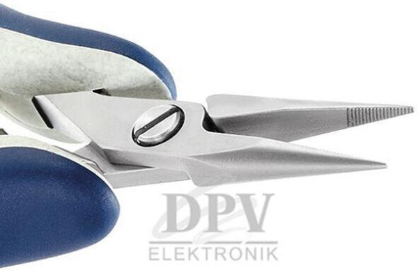 The image shows a precise pair of pliers with two pointed blades. The handles are blue and ergonomically shaped. The blades are silver and have a fine texture for precise work.