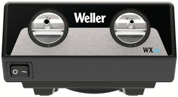 The image displays a black device with a curved shape. At the top, there are two round buttons and the logo "Weller". On the bottom left, there is an on/off switch.