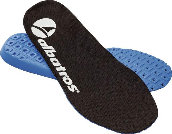 The image shows two shoe insoles. The top side is black with a textured surface and a logo, the underside is blue and has a non-slip pattern.