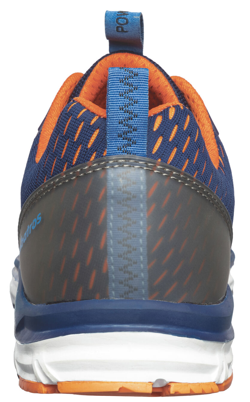 The shoe is sporty and features a blue, breathable upper with orange accents. The sole is white with orange parts, and the heel area has a transparent reinforcement.