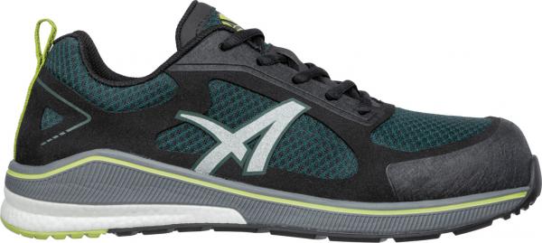 A sporty shoe in black and dark green. It features a breathable upper, laces, and a wider, lightly padded sole. The shoe appears modern and functional.