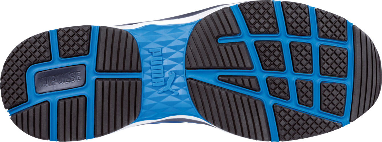 The image shows the sole of a sports shoe. It is predominantly black with blue accents. The tread consists of various patterns that provide grip and durability.