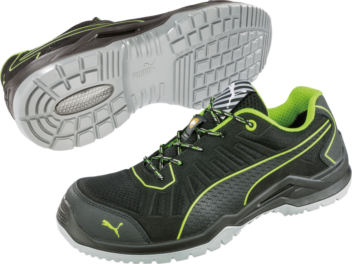 The image shows a pair of athletic safety shoes. They are primarily black with bright green accents. The sole is slip-resistant and has a rugged tread for better grip.