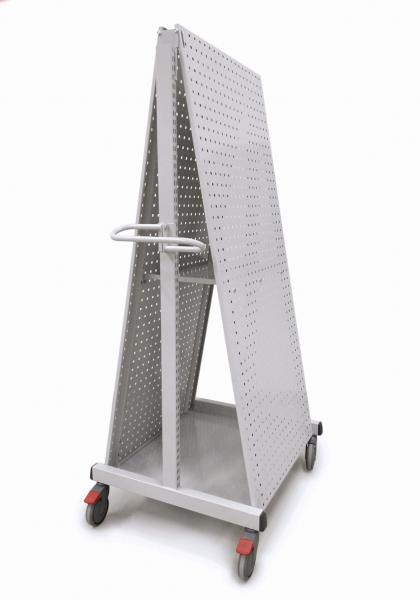 The image shows a silver, rectangular cart type with two slanted sides and a handle. It has a lower shelf and four wheels for easy movement.