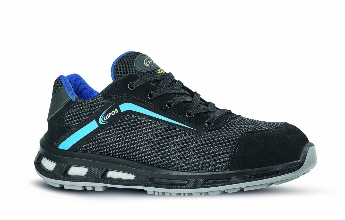 The shoe is sporty, black with blue accents. It has a flexible, non-slip sole and a breathable upper. The laces are also black.