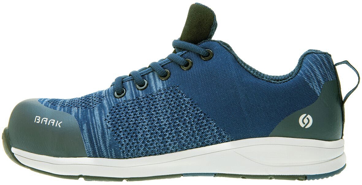 The shoe is sporty and modern, in blue with a textured upper. It has a comfortable fit, laces, and a gray rubber sole with a reinforced toe cap.