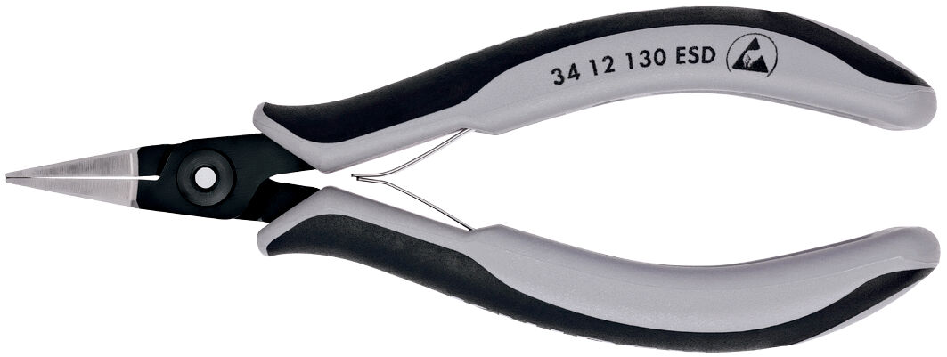 The image shows a small pair of pliers with narrow, pointed jaws. The handle is gray with black, non-slip inserts. The pliers are suitable for precise tasks.