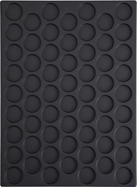 The image displays a black silicone baking tray with 42 round indentations, evenly arranged in a grid. Ideal for baking muffins or snacks.