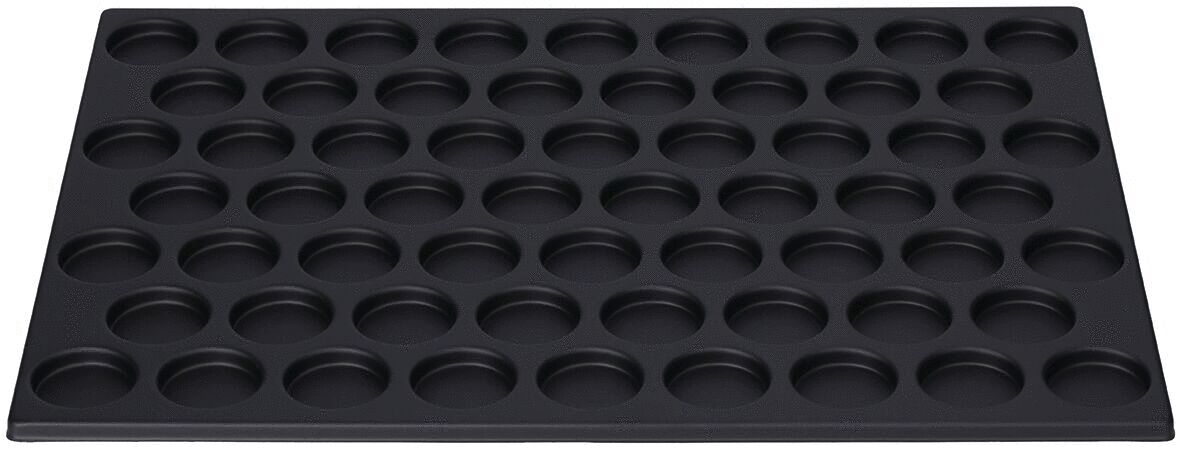 The picture shows a black baking tray with 48 round indentations. It has a flat, rectangular shape and is made of a smooth material. Ideal for baking muffins or similar items.