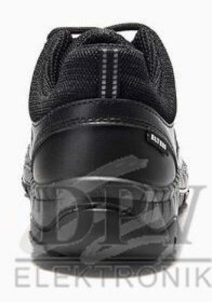 The image shows the rear view of a black athletic shoe with a sturdy sole. The shoe features a simple design and a padded collar for comfort.