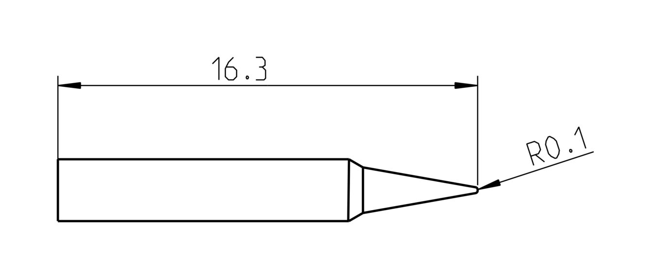 Das Bild zeigt eine technische Zeichnung eines konischen Objekts mit einer Länge von 16,3 mm. Es hat eine spitze Form und eine kleine Abrundung am Ende (R0.1).