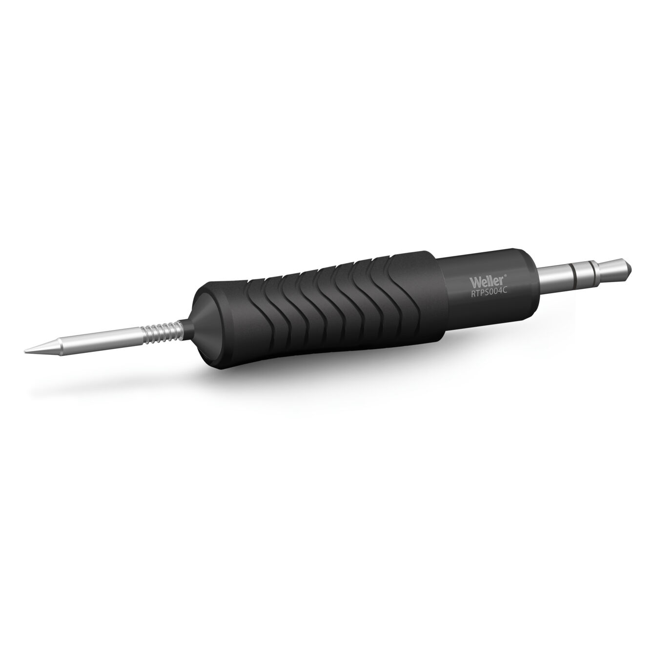 The image shows a soldering iron with a black, ridged handle and a metallic tip. The tip is pointed and can be rotated in various directions.