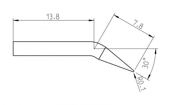 Das Bild zeigt eine technische Zeichnung eines Werkzeugs. Es hat eine längliche Form mit einem schrägen Ende. Maße sind angegeben: 13,8 mm Breite und 7,8 mm Länge, mit einem 30°-Winkel.