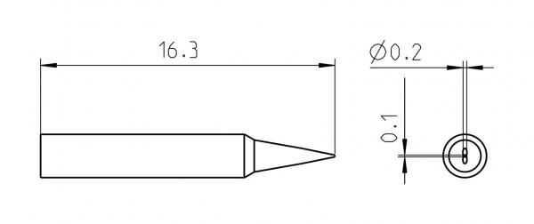 The image displays a technical drawing of a pointed object. It has a length of 16.3 units and a diameter of 0.2 units at the end. Another dimension line indicates a diameter of 0.1 units.