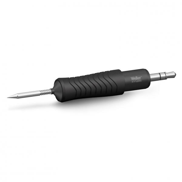 The image displays a tool featuring a round, black handle with grooves for improved grip. At the end, there is a pointed, metallic tip. It is likely a soldering iron or a similar device.