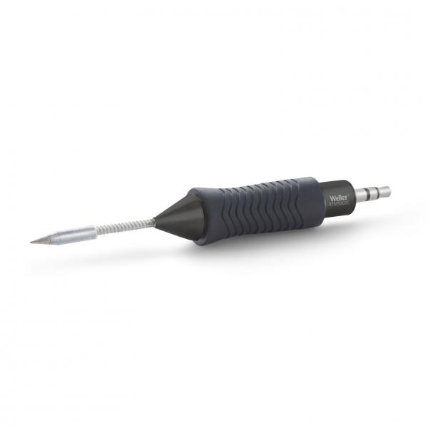 The image shows a soldering iron with an ergonomic, rubberized grip. The tip is metallic and tapered, ideal for soldering. The iron has a narrow, flexible cord.