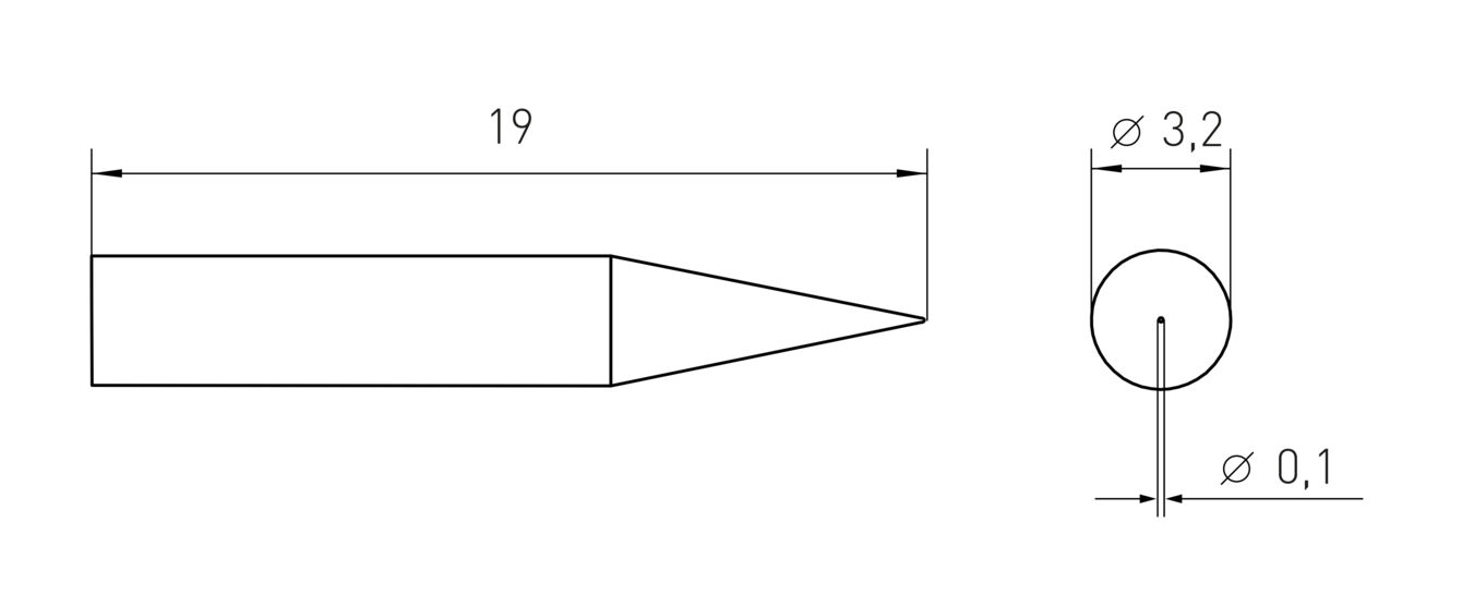 Das Bild zeigt eine technische Zeichnung eines Stiftes. Er ist 19 mm lang und hat eine spitz zulaufende Form. Rechts sind zwei Durchmesser angegeben: 3,2 mm und 0,1 mm.