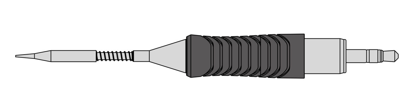 The image shows an elongated, pointed object with a rubberized, ridged surface in the middle and a narrow end that looks like a tip.