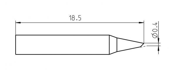 The image displays a technical drawing of an object with a length of 18.5 mm and a 0.4 mm opening at a pointed end. The object has a conical shape.