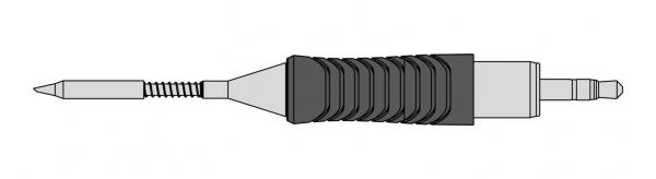 The image shows a graphic pen with an elongated, ribbed grip area and a fine tip. It has a connector at the end for interacting with devices.