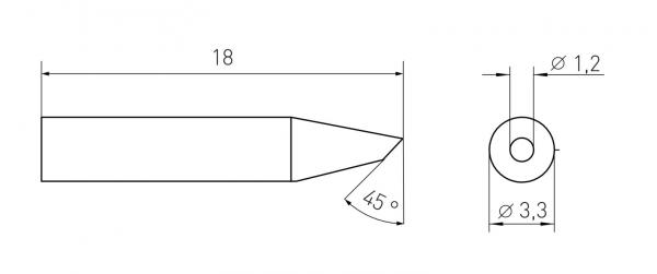 The image shows a technical drawing of an elongated object with a pointed, angled edge, dimensions for length and diameter, as well as a round view.