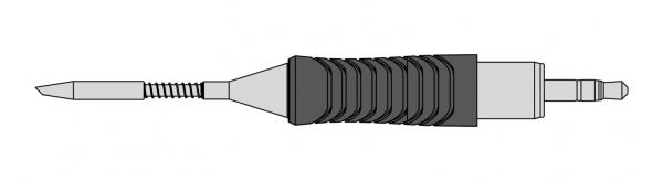 The image shows a screwdriver with a non-slip grip. The blade is narrow and pointed, and at the end of the handle, two inserts are visible.