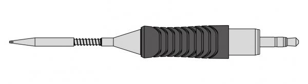 The image shows an elongated object that tapers to a point at one end. The surface has a ridged texture, indicating a handle. At the other end, there is an attachment.