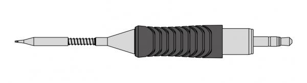 The image shows a graphic pen with a sharp tip at the front. The grip is ridged and tapers towards the back, where another tip can be seen.