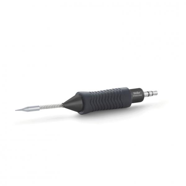 The image shows a soldering tip with an ergonomically shaped, non-slip handle made of black rubber. The tip is metallic and has a spiral mount.