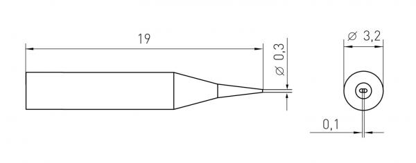 The image displays a technical drawing of a tool with a length of 19 mm and a tapered end. Diameter at the end is 0.3 mm; cross-section is 3.2 mm.