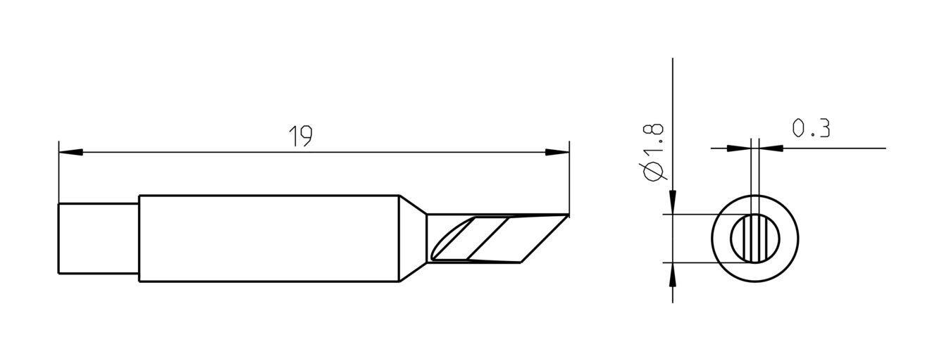 Das Bild zeigt eine technische Zeichnung eines Werkzeugs. Es ist von der Seite und von vorne dargestellt, mit einer Länge von 19 mm und einem Durchmesser von 1,8 mm. Ein gefräster Schnitt sitzt am Ende.