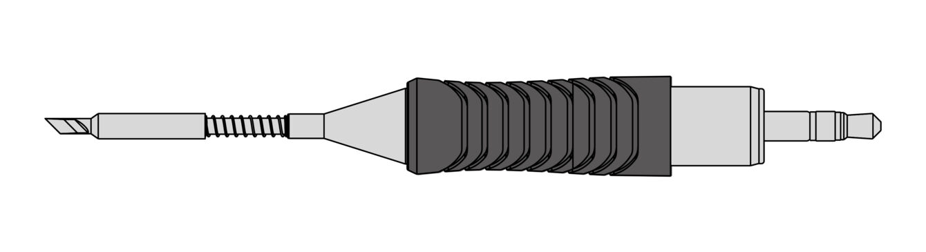 Das Bild zeigt einen Kabelstecker mit einer länglichen, gewellten Gummierung in der Mitte. An einem Ende befindet sich ein spitz zulaufender Stecker, am anderen ein runder Stecker.