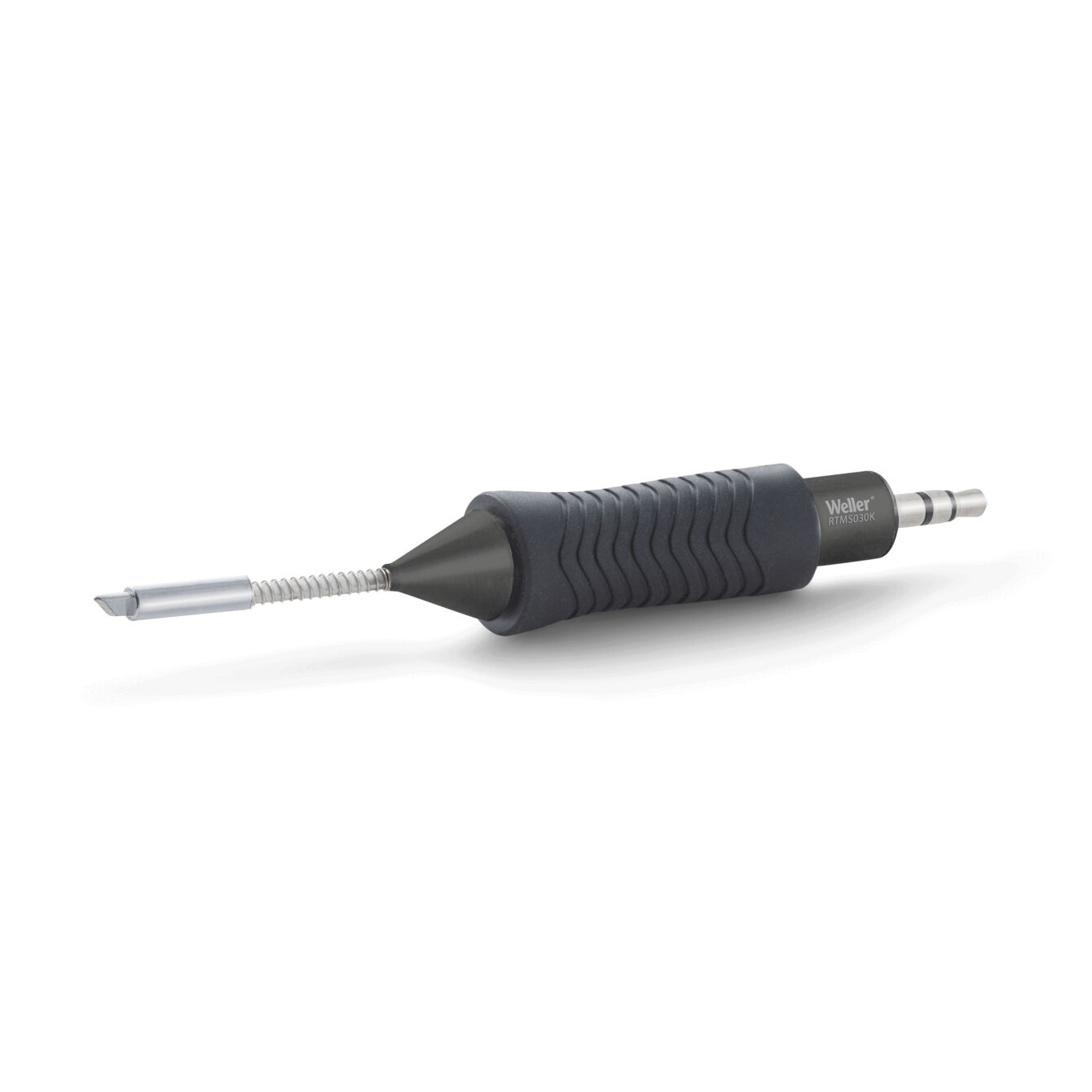 The image displays a black soldering iron with a ridged handle. At the end, there is a fine soldering tip used for soldering components.