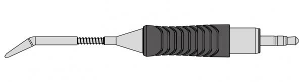 The image depicts a tool with a long, narrow handle that is grooved and black. At one end, there is a thin, sharp blade that is slightly curved upwards.